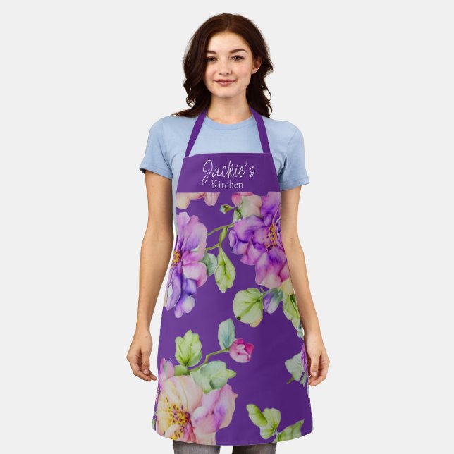 Elegant watercolor florals personalise name apron (Worn)