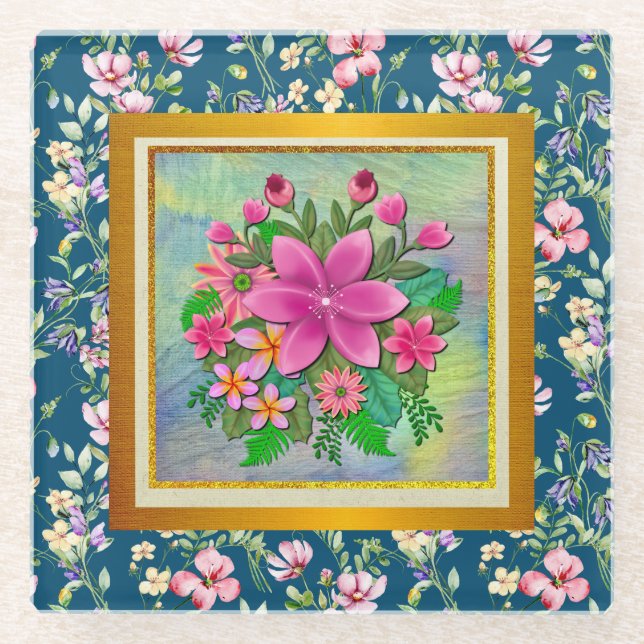 Elegant Watercolor Flower Botanical Spring Bouquet Glass Coaster (Front)