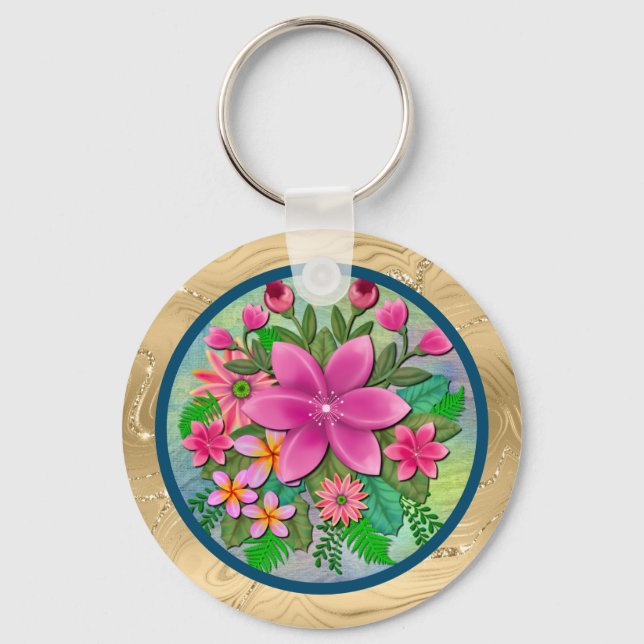 Elegant Watercolor Flower Botanical Spring Bouquet Key Ring (Front)