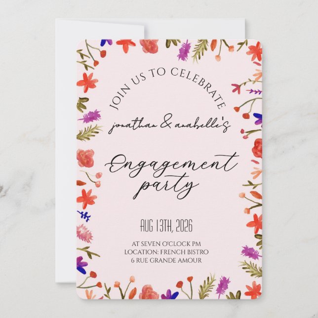 Elegant Watercolor Flower Engagement Celebration Invitation (Front)