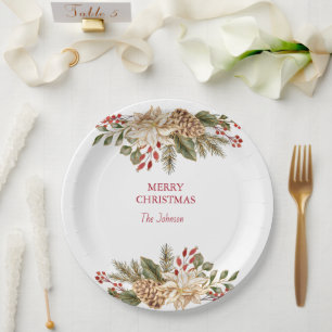 Elegant Watercolor Flower Pines Paper Plate