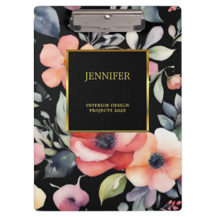 Elegant watercolor flowers black gold professional clipboard