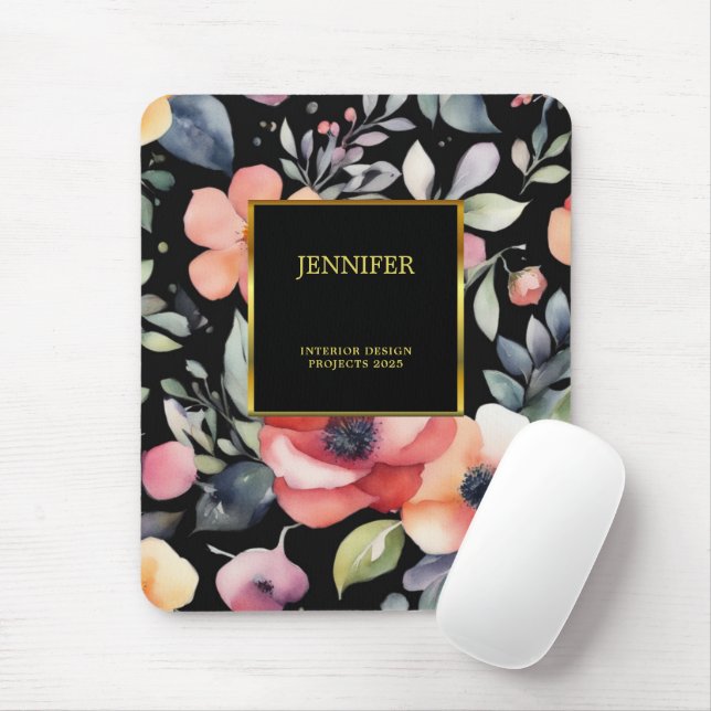 Elegant watercolor flowers black gold professional mouse mat (With Mouse)