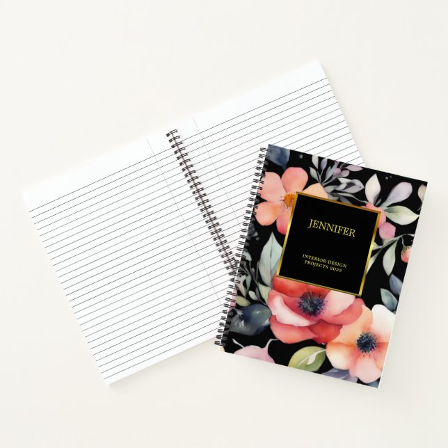 Elegant watercolor flowers black gold professional notebook (Inside)