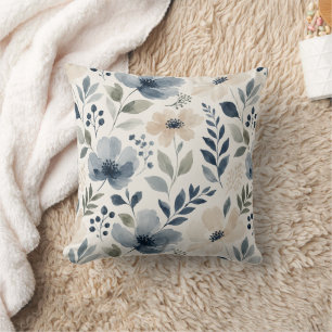 Elegant Watercolor Flowers Blue Cream Floral Cushion