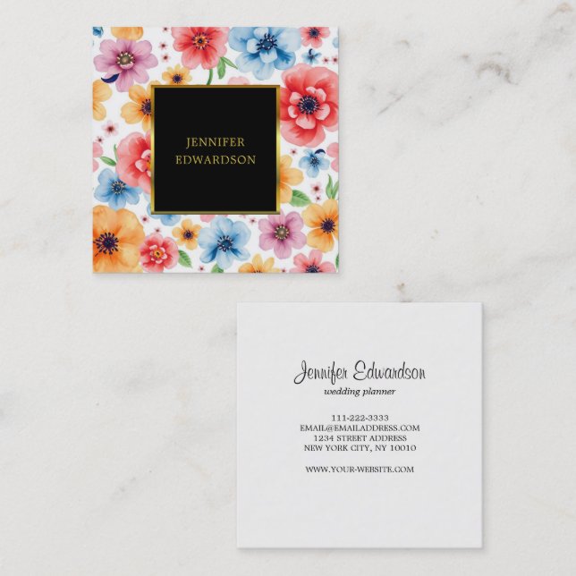 Elegant watercolor flowers boho professional square business card (Front/Back)