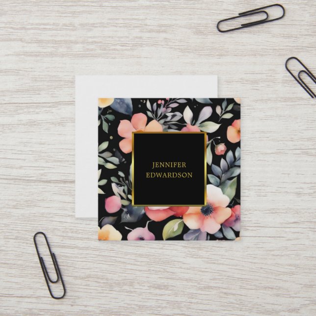 Elegant watercolor flowers boho professional square business card (Front/Back In Situ)
