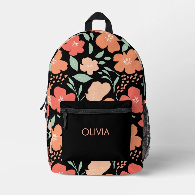 Elegant Watercolor Flowers Custom Name Printed Backpack (Front)