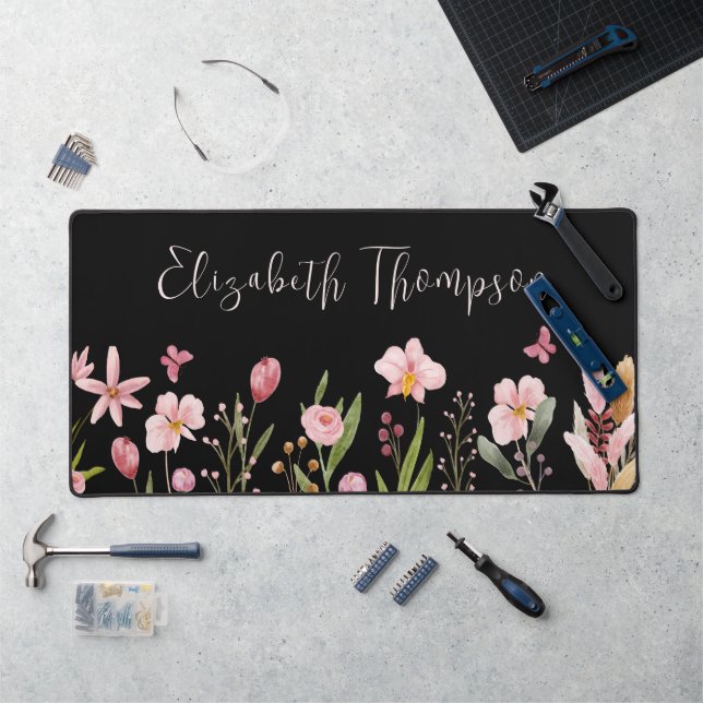 Elegant Watercolor Flowers Girly Script Name Black Desk Mat (Workstation)