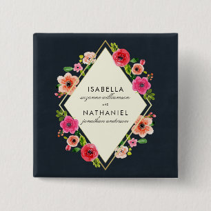 Elegant Watercolor Flowers Gold Frame Wedding 15 Cm Square Badge