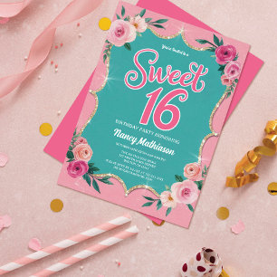 Elegant Watercolor Flowers Gold Sweet 16 Birthday Invitation