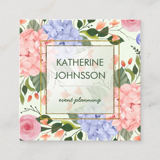Elegant watercolor flowers hydrangea faux gold square business card (Front)