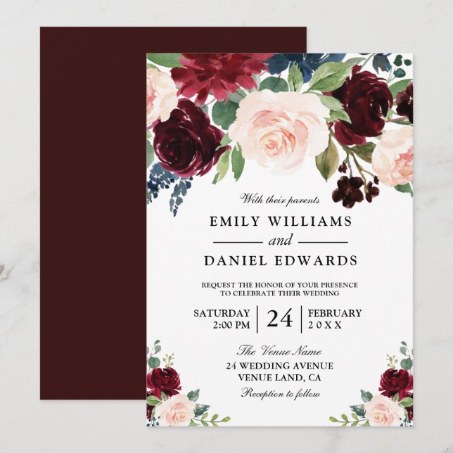 Elegant Watercolor Flowers Modern Wedding Invitation (Front/Back)