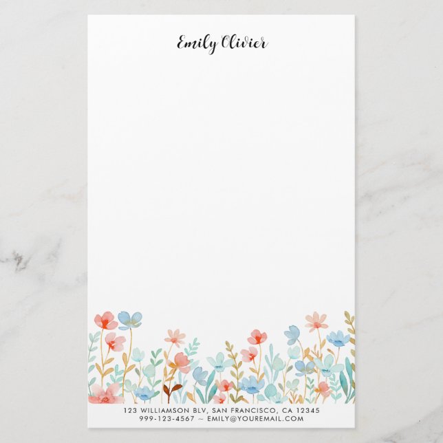 Elegant Watercolor Flowers Personalise Text Stationery (Front)