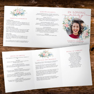 Elegant Watercolor Flowers Photo Funeral/Memorial Tri-Fold Programme