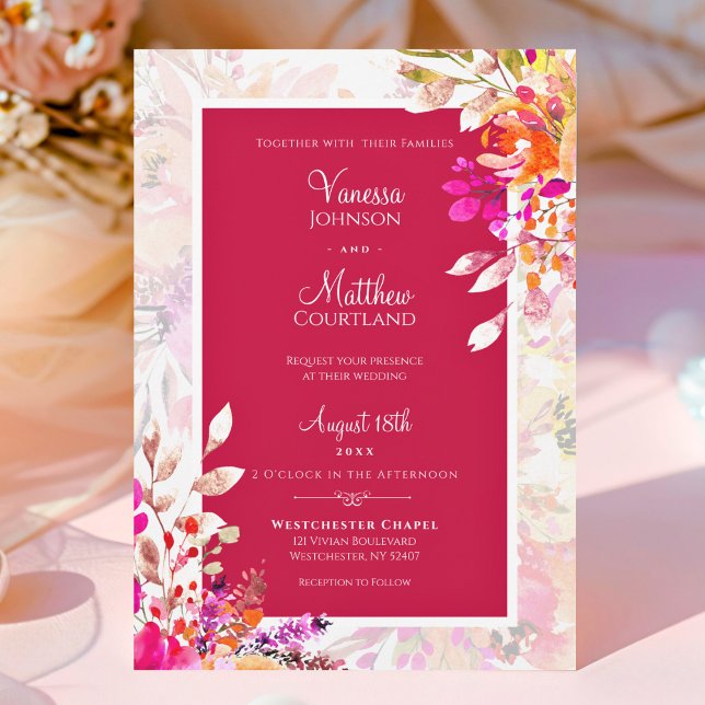 Elegant Watercolor Flowers Pink and Orange Wedding Invitation (Pink and Orange Elegant Watercolor Floral Wedding Invitation)