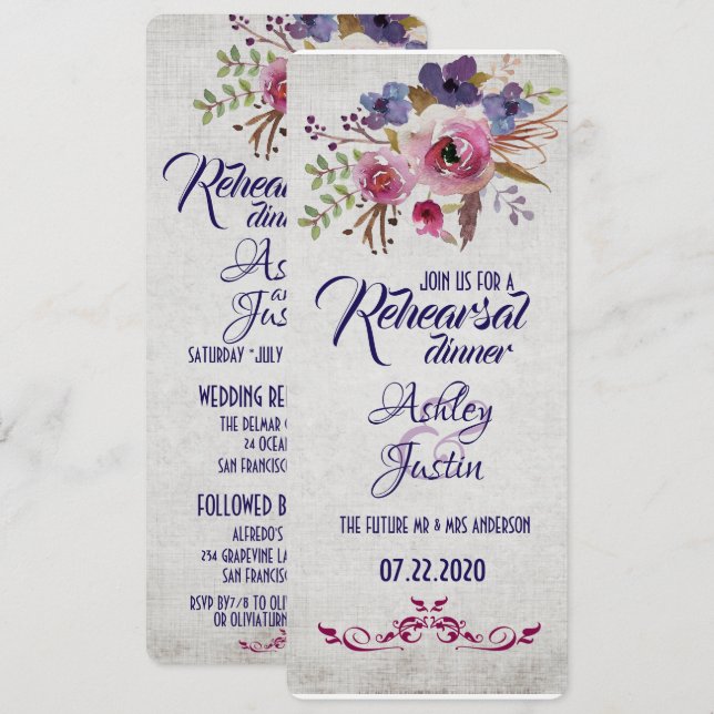 Elegant Watercolor Flowers Rehearsal Dinner Cards (Front/Back)