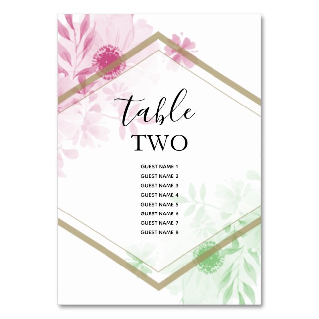 Elegant Watercolor Flowers Wedding Guest Names Table Number (Front)