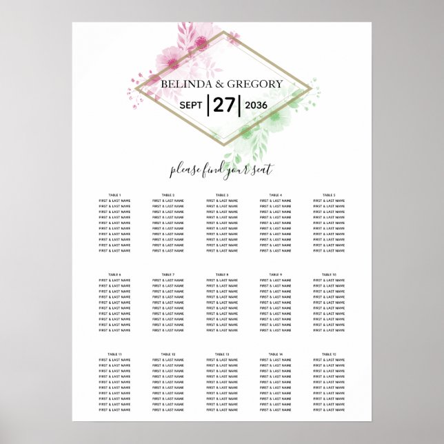 Elegant Watercolor Flowers Wedding Seating Chart (Front)