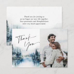 Elegant Watercolor Foggy Forest Wedding Photo Thank You Card