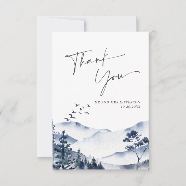 Elegant Watercolor Foggy Forest Wedding Thank You Card (Front)
