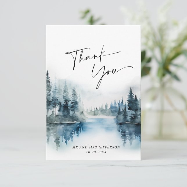 Elegant Watercolor Foggy Forest Wedding Thank You Card (Standing Front)