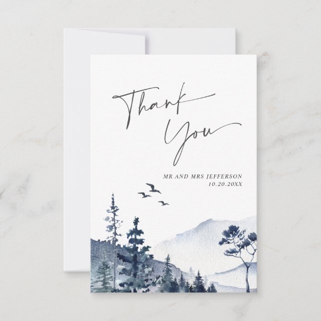 Elegant Watercolor Foggy Forest Wedding Thank You Card (Front)