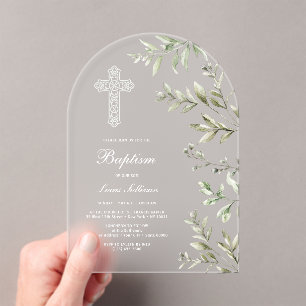 Elegant Watercolor Foliage Arch Baptism Acrylic Invitations