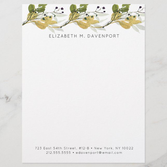 Elegant Watercolor Foliage Greenery Custom Letterhead (Front)