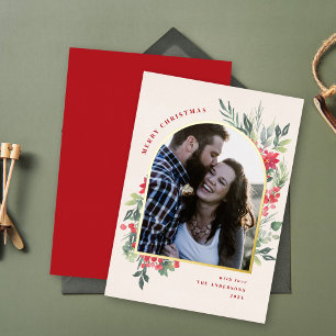 Elegant Watercolor Foliage Photo Arch Christmas Foil Holiday Card
