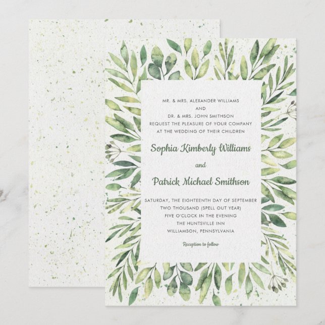 Elegant Watercolor Foliage Splatter Invitation (Front/Back)