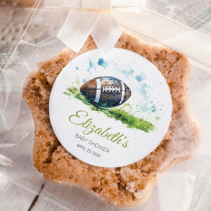 Elegant Watercolor Football Baby Shower Classic Round Sticker