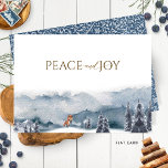 Elegant Watercolor Forest and Fox, Peace and Joy Holiday Card<br><div class="desc">Personalise this gorgeous holiday card with exquisite blue watercolor forest scene with fox playing in the snow, featuring the phrase "Peace and Joy" in a mixture of hand written calligraphy and block typography. Area on the bottom for your own message and name(s). Back in attractive elegant swirl paisley pattern in...</div>