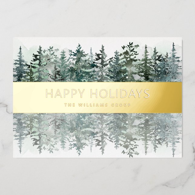 Elegant Watercolor Forest Business  Foil Holiday Card (Front)