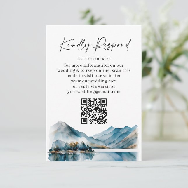 Elegant Watercolor Forest Wedding QR code RSVP Card (Standing Front)