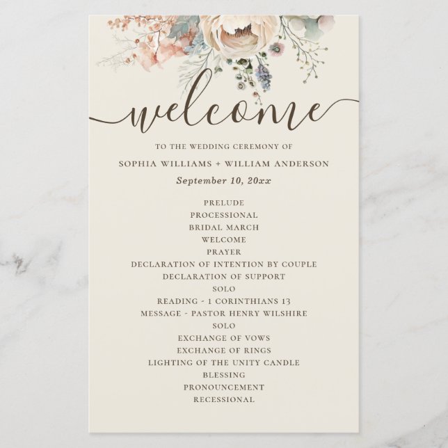 Elegant watercolor garden floral wedding program (Front)