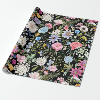 Elegant Watercolor Garden Flowers Black Wrapping Paper