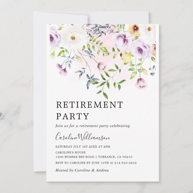 Elegant Watercolor garden flowers Retirement Party Invitation (Front)