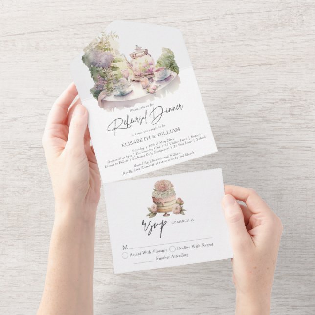 Elegant watercolor Garden Rehearsal Dinner All In One Invitation (Tearaway)