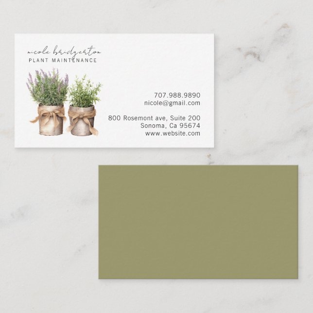 Elegant Watercolor Gardener Plants Business Card (Front/Back)