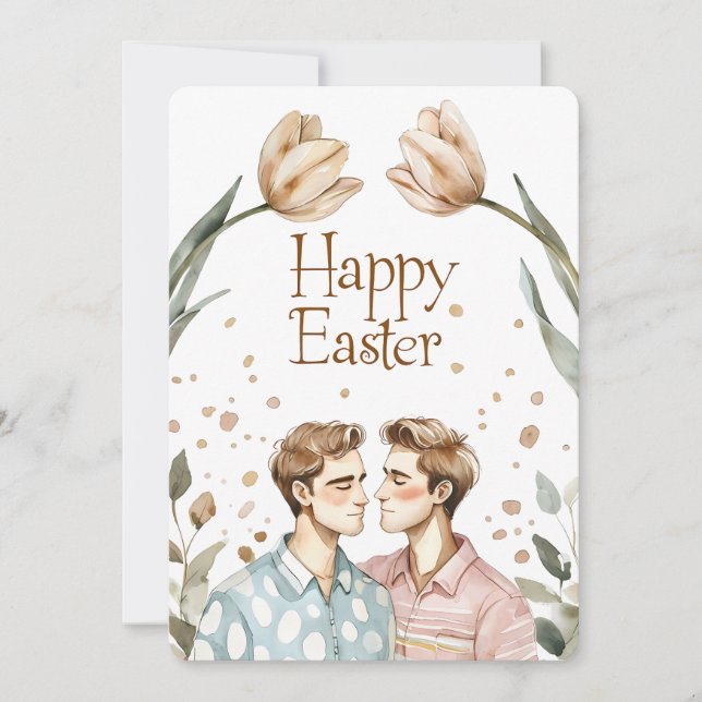 Elegant Watercolor Gay Couple Easter Card (Front)