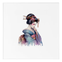 Elegant Watercolor Geisha in Soft Teal and Plum