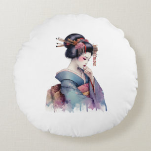 Elegant Watercolor Geisha in Soft Teal and Plum Round Cushion