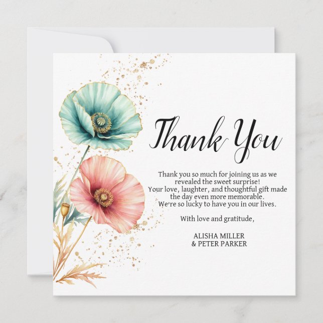 Elegant Watercolor Gender Reveal Thank You Card  (Front)