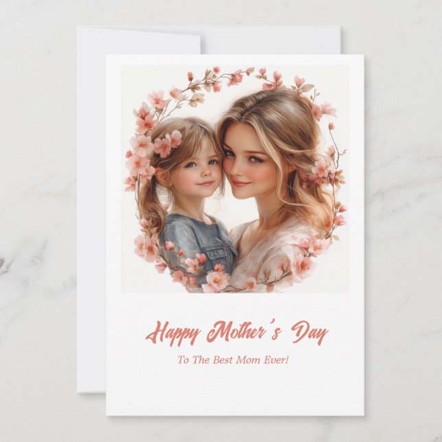 Elegant Watercolor gentle mum and girl Holiday Card (Front)