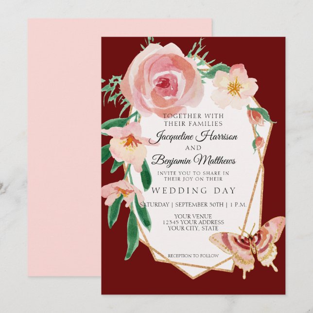 Elegant Watercolor Geometric Blush Gold Floral Invitation (Front/Back)