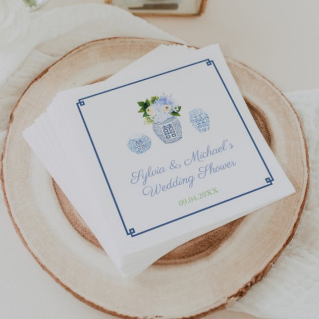 Elegant Watercolor Ginger Jar Wedding Shower Party Napkin (Chinoiserie chic wedding shower napkins featuring 3 blue and white ginger jars and Greek key border)