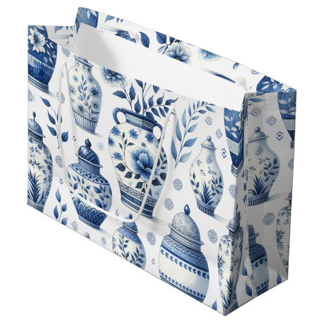 Elegant Watercolor Ginger Jars Pattern Large Gift Bag (Front Angled)