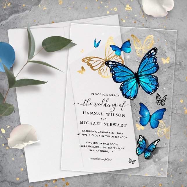 Elegant Watercolor Gold and Blue Butterfly Wedding Acrylic Invitations (Elegant blue and gold butterfly acrylic wedding invitations for your once upon a time fairy tale.)