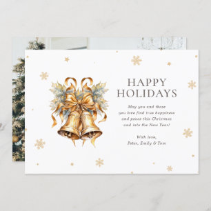 Elegant Watercolor Gold Bells Snowflake Photo Holiday Card